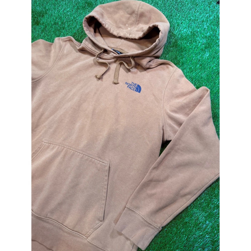 The North Face Mens Large Tan Box Logo Pullover Hoodie Brown Blue Logo NF0A3FRE